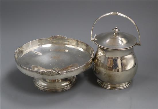 A Mappin & Webb silver presentation biscuit barrel and cover and a silver footed presentation bowl dated 1928, 24oz